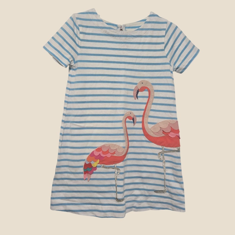 Mini Boden Girls Blue White Striped Flamingo Applique Jersey Dress 3-4Y